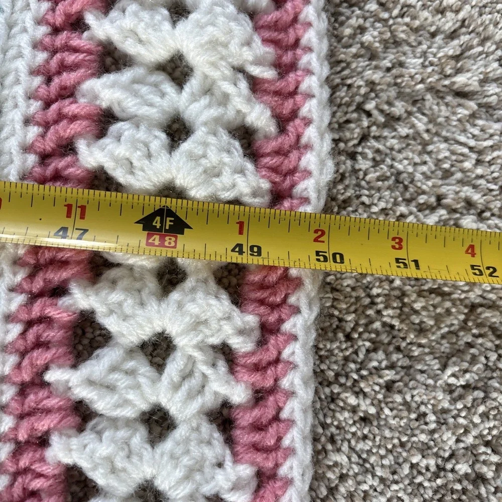 Vtg Mile A Minute Stripe Crochet Afghan Throw Scallop Edge Retro White Pink Blue